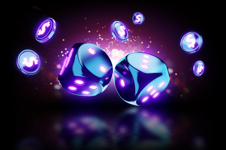 Casino concept, dice on a dark background. Banner for online casino, picture for the site, poster, advertising, concept, blank. 3d illustration, 3d render, copy spaceの写真素材