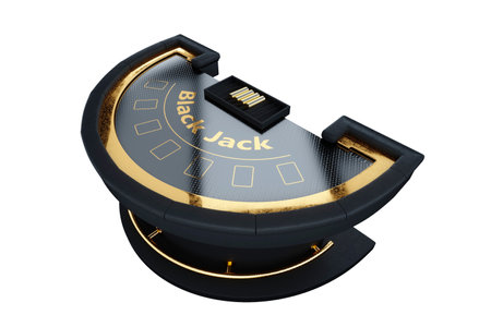 Blackjack card game table isolated on white background, top view. Black and gold style, luxury, VIP. The concept of casino, gambling, card games, online, betting, risk. 3D rendering, 3D illustrationの写真素材