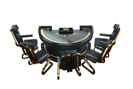 Blackjack card game table isolated on white background, top view. Black and gold style, luxury, VIP. The concept of casino, gambling, card games, online, betting, risk. 3D rendering, 3D illustrationの写真素材