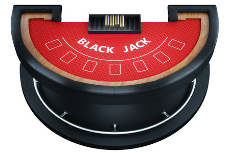 Blackjack card game table isolated on white background, top view. red canvas. The concept of casino, gambling, card games, online, betting, risk. 3D rendering, 3D illustrationの写真素材