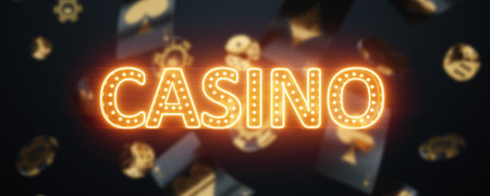 Poster for a casino in black and gold honor, a header for an online casino site. casino inscription. Betting, card games, cards, roulette, casino lettering. 3D rendering, 3D illustrationの写真素材