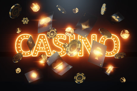 Poster for a casino in black and gold honor, a header for an online casino site. casino inscription. Betting, card games, cards, roulette, casino lettering. 3D rendering, 3D illustrationの写真素材