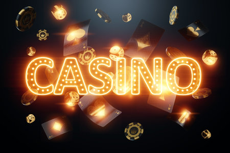 Poster for a casino in black and gold honor, a header for an online casino site. casino inscription. Betting, card games, cards, roulette, casino lettering. 3D rendering, 3D illustrationの写真素材