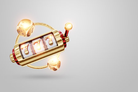 Modern design, casino slots, 777, poster for advertising, header for the site. Slot machine, coins, casino, online, bets, risk 3D render 3D illustrationの写真素材