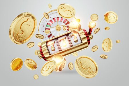 Modern design, casino slots, 777, poster for advertising, header for the site. Slot machine, coins, casino, online, bets, risk 3D render 3D illustrationの写真素材