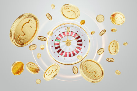 Casino banner for advertising, modern design, magazine style, coins, gambling. Billet, bet, jackpot, copy space 3D render 3D illustrationの写真素材