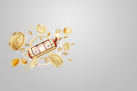 Modern design, casino slots, 777, poster for advertising, header for the site. Slot machine, coins, casino, online, bets, risk 3D render 3D illustrationの写真素材