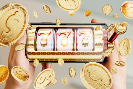 Slots online, playing 777 on a smartphone, gambling, betting, casino, jackpot coins mixed mediaの写真素材