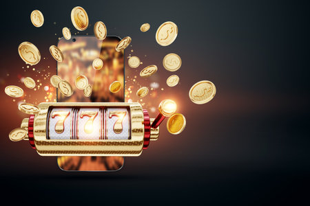 Slots online, playing 777 on a smartphone, gambling, betting, casino, jackpot coins mixed media. 3D rendering, 3D illustrationの写真素材