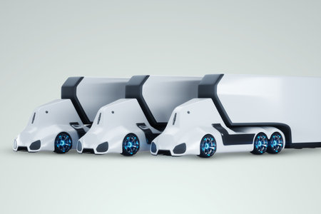 Unmanned autonomous cargo transportation. An autonomous, electric, self-driving truck moves along the road. Fast cargo delivery, transportation without drivers. 3D rendering, 3D illustrationの写真素材