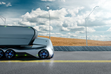Unmanned autonomous cargo transportation. An autonomous, electric, self-driving truck with a trailer moves along the road. Fast cargo delivery, transportation without driversの写真素材