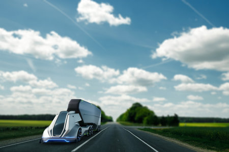 Unmanned autonomous cargo transportation. An autonomous, electric, self-driving truck with a trailer moves along the road. Fast cargo delivery, transportation without driversの写真素材
