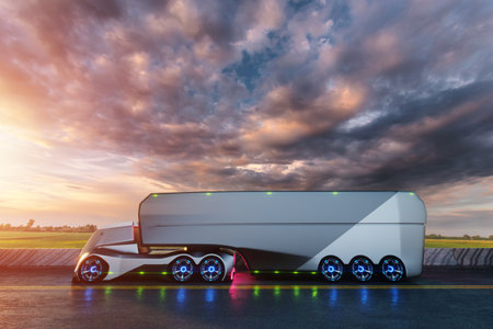 Unmanned autonomous cargo transportation. An autonomous, electric, self-driving truck with a trailer moves along the road. Fast cargo delivery, transportation without driversの写真素材