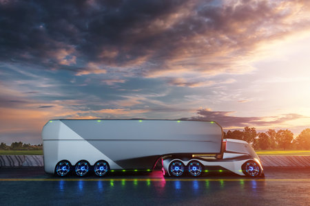 Unmanned autonomous cargo transportation. An autonomous, electric, self-driving truck with a trailer moves along the road. Fast cargo delivery, transportation without driversの写真素材