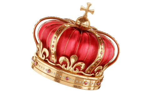 Golden crown isolated on white background, cap for monarch, emperor crown. 3D rendering, 3D illustration.の写真素材