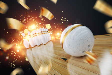 Bowling Poster for advertising, poster for the site, modern design, magazine style. Bowling ball and skittles on the lane. Copy space, 3D illustration, 3D renderの写真素材