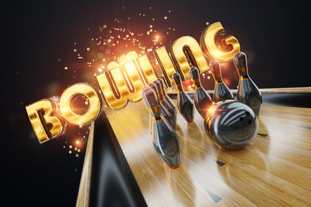 Bowling black gold style, poster for advertising, poster for website, modern design, magazine style. Bowling ball and skittles in luxury style. 3D illustration, 3D renderingの写真素材