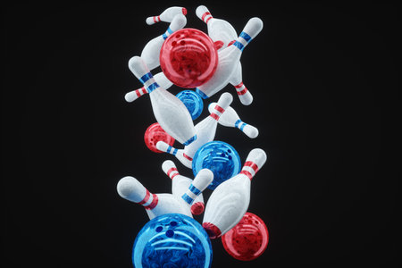 Red bowling ball and skittles isolated on white background. 3D illustration, 3D renderingの写真素材