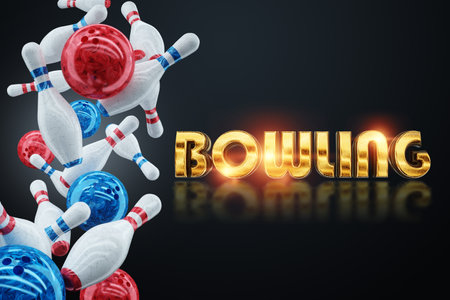 Golden Inscription Bowling, Poster for advertising, poster for the site, modern design, magazine style. Copy space, 3D illustration, 3D renderの写真素材