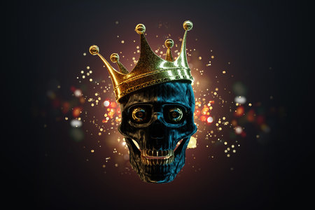 A human skull with a crown on its head, a dead king. Modern design, magazine style, creative image, trendy template, black and gold luxury style. 3D rendering, 3D illustrationの写真素材