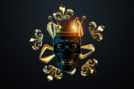 A human skull with a crown on its head, a dead king. Modern design, magazine style, creative image, trendy template, black and gold luxury style. 3D rendering, 3D illustrationの写真素材