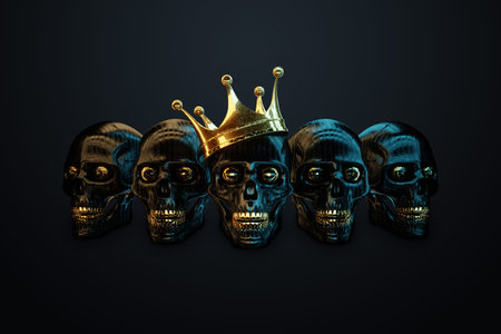 A human skull with a crown on its head, a dead king. Modern design, magazine style, creative image,...