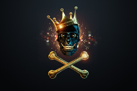 Human skull and crossbones, jolly roger, pirates, danger sign. Modern design, magazine style, creative image, trendy template, black and gold luxury style. 3D rendering, 3D illustrationの写真素材