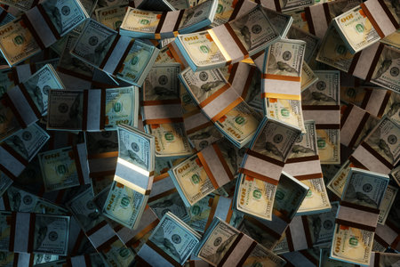 a lot of american dollars in packs top view, bundles of money. 3D rendering, 3D illustrationの写真素材