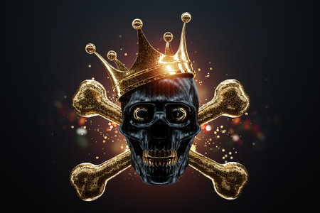 Human skull and crossbones, jolly roger, pirates, danger sign. Modern design, magazine style, creative image, trendy template, black and gold luxury style. 3D rendering, 3D illustrationの写真素材
