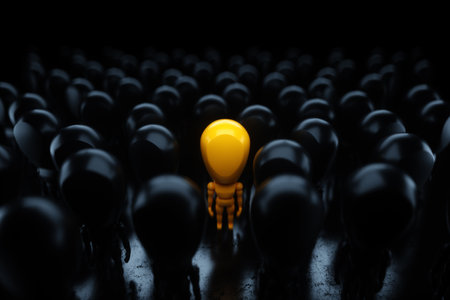 The concept of loneliness, depression, not being like everyone else. yellow figurine of a man with redm crowd of black figures. 3D rendering, 3D illustrationの写真素材
