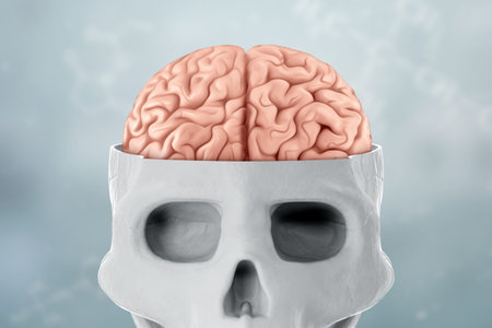 Image of a human skull and brain on no light background. 3D rendering, 3D illustration
