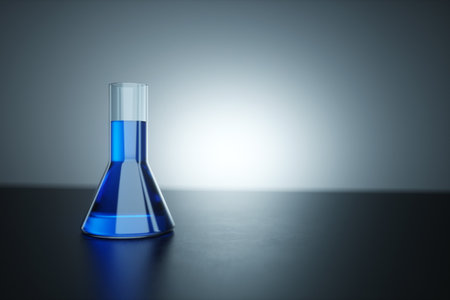 Laboratory glassware on the table. Concept tests, chemistry, experiments. Copy space, 3D rendering, 3D illustrationの写真素材