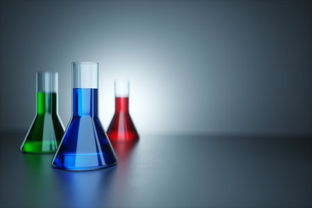 Laboratory glassware on the table. Concept tests, chemistry, experiments. Copy space, 3D rendering, 3D illustrationの写真素材