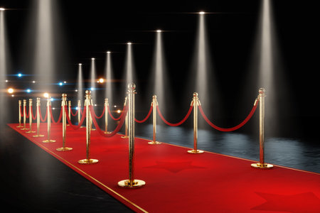 Red carpet for the stars, with gold stands and paparazzi flashes. Pop star concept, reception, ceremony, show, VIP. Copy space, 3D rendering, 3D illustrationの写真素材