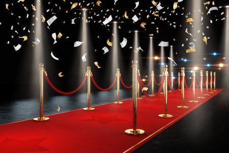 Red carpet for the stars, with gold stands and paparazzi flashes. Pop star concept, reception, ceremony, show, VIP. Copy space, 3D rendering, 3D illustrationの写真素材