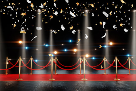 Red carpet for the stars, with gold stands and paparazzi flashes. Pop star concept, reception, ceremony, show, VIP. Copy space, 3D rendering, 3D illustrationの写真素材