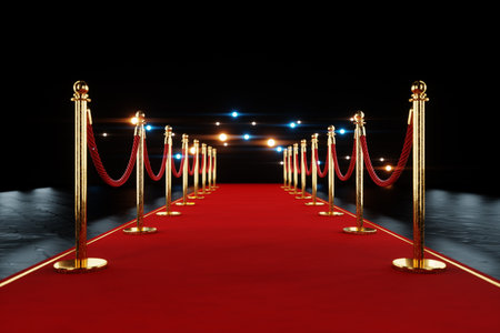 Red carpet for the stars, with gold stands and paparazzi flashes. Pop star concept, reception, ceremony, show, VIP. Copy space, 3D rendering, 3D illustrationの写真素材