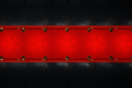 Red carpet for the stars, with gold stands and paparazzi flashes. Pop star concept, reception, ceremony, show, VIP. Copy space, 3D rendering, 3D illustrationの写真素材
