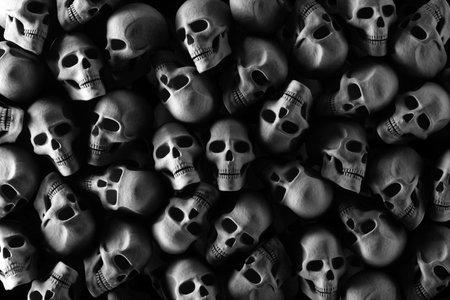 Lots of gray human skulls and bones lying on the ground. Concept death, catacombs, cannibalism, cannibalism. Copy space, 3D rendering, 3D illustrationの写真素材