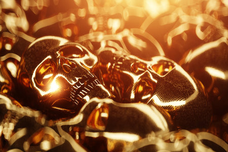 Lots of golden human skulls. Concept greed, greed, human vices, death. Copy space, 3D rendering, 3D illustrationの写真素材