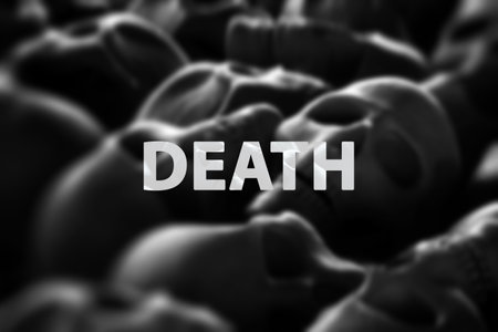 Lots of gray human skulls and bones lying on the ground. Concept death, catacombs, cannibalism, cannibalism. Copy space, 3D rendering, 3D illustrationの写真素材