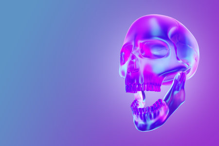A lilac pearlescent glass skull. Copy Space, 3D rendering, 3D illustrationの写真素材
