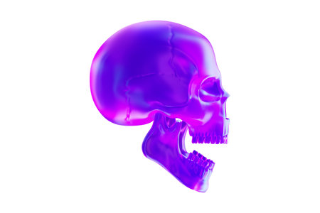 A lilac pearlescent glass skull. Copy Space, 3D rendering, 3D illustrationの写真素材