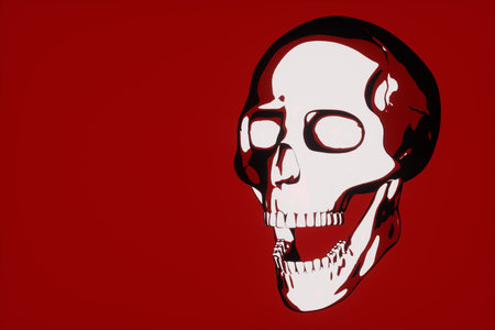 A red human skull on a red background. Concept demon, hell, possession, ghost, Satan, devil, temptation. Copy space, 3D rendering 3D illustrationの写真素材