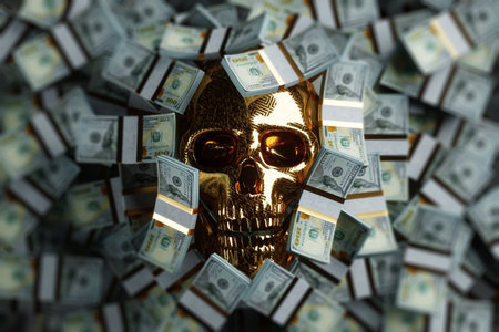 Skull and Dollars, golden human skull drowning in money, covered in a pile of bills. Copy Space, 3D rendering, 3D illustrationの写真素材