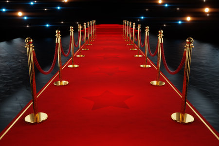 Red carpet for the stars, with gold stands and paparazzi flashes. Pop star concept, reception, ceremony, show, VIP. Copy space, 3D rendering, 3D illustrationの写真素材
