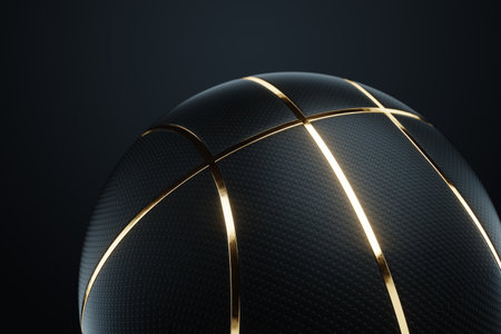 Black basketball close-up with gold design, gold lines, black background. Copy space, 3D rendering, 3D illustrationの写真素材
