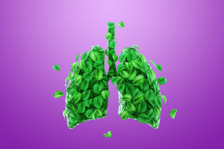Conceptual image human lungs made of green leaves, trees lungs of the planet, fresh breath, ecology, clean energy, modern design, magazine style. Copy space, 3D illustration, 3D renderingの写真素材
