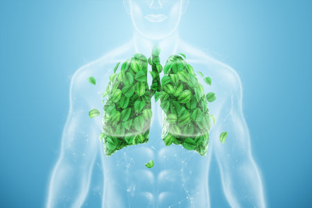 Image human lungs made of green leaves on the background of male body, fresh breath, pneumonia prevention, smoking, modern design, magazine style. Copy space, 3D illustration, 3D renderingの写真素材