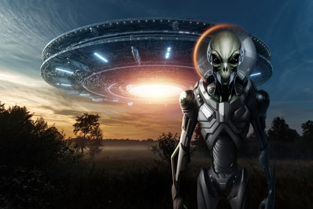 A crowd of green aliens in spacesuits standing in front of a flying saucer, UFO. first contact,...